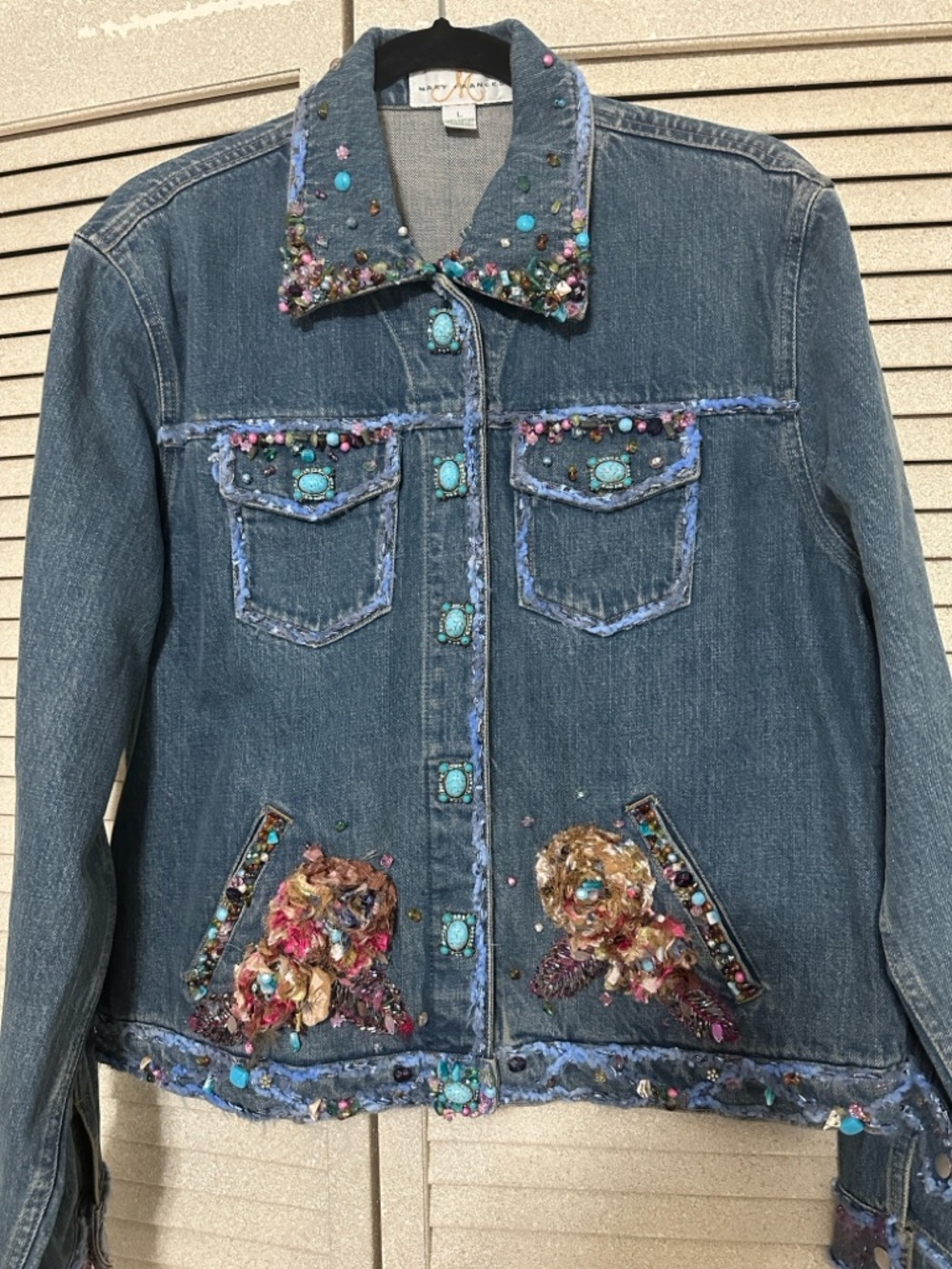 Mary Frances Blue Denim Jacket with Turquoise and Multicolor Embellishments